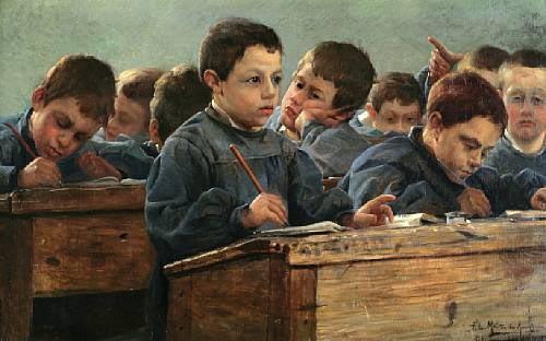 Paul Louis Martin des Amoignes In the classroom. Signed and dated P.L. Martin des Amoignes 1886 oil painting picture